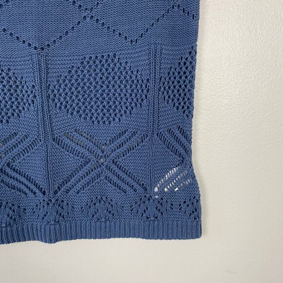 FRYE Blue Square Neck Knit Blouse Geometric Short‎ Sleeve Stretch Size Medium - Picture 5 of 7